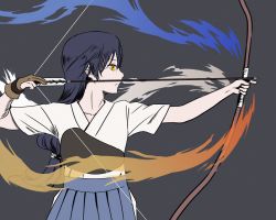 Rule 34 | 1girl, alternate hairstyle, archery, arrow (projectile), artist name, artist request, blue fire, blue hair, blue hakama, blue skirt, blush, bow (weapon), breasts, brown gloves, collarbone, female focus, fingerless gloves, fire, gloves, grey background, hair between eyes, hair ribbon, hair tie, hakama, hakama skirt, highres, holding, holding arrow, holding bow (weapon), holding weapon, japanese clothes, kimono, kyuudou, layered skirt, long hair, long sleeves, looking at viewer, looking to the side, love live!, love live! school idol festival, love live! school idol project, low ponytail, miniskirt, muneate, parted lips, partially fingerless gloves, partly fingerless gloves, plaid, plaid kimono, plaid skirt, pleated, pleated skirt, ponytail, purple ribbon, red fire, ribbon, short sleeves, single glove, skirt, small breasts, smile, solo, sonoda umi, weapon, white kimono, yellow eyes, yugake