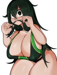 Rule 34 | 1girl, absurdres, asui tsuyu, boku no hero academia, breasts, cleavage, hair in own mouth, highres, huge breasts, long hair, swimsuit, thick thighs, thighs
