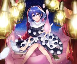 Rule 34 | 1girl, :d, black capelet, black dress, blob, blue eyes, blue hair, book, breasts, capelet, commentary request, doremy sweet, dream soul, dream world (touhou), dress, feathers, feet out of frame, hair over one eye, half-closed eyes, hat, head rest, highres, holding, katayama kei, knees together feet apart, light bulb, looking at viewer, nightcap, off shoulder, open mouth, pom pom (clothes), red curtain, red hat, santa hat, short dress, short hair, short sleeves, sitting, small breasts, smile, smug, solo, sparkle, tail, tapir tail, thighs, touhou