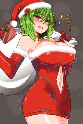 Rule 34 | 1girl, :d, bare shoulders, bell, breasts, choker, clothing cutout, dress, elbow gloves, flower, gloves, green hair, hair flower, hair ornament, hat, highres, kazami yuuka, large breasts, looking at viewer, navel, navel cutout, neck bell, open mouth, red eyes, red gloves, red hat, roki (hirokix), santa hat, short hair, sleeveless, sleeveless dress, smile, solo, sunflower, sunflower hair ornament, sweatdrop, touhou
