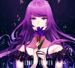 1girl bare_shoulders dress female_focus flower long_hair looking_at_viewer orichie original persona92 purple_eyes purple_hair solo tears upper_body