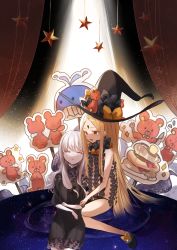Rule 34 | 2girls, abigail williams (fate), abigail williams (second ascension) (fate), absurdres, bare shoulders, black bow, black dress, black headwear, black panties, blonde hair, blush, bow, breasts, closed eyes, draw happy set, dress, fate/grand order, fate (series), forehead, hair bow, hat, highres, horns, keyhole, lavinia whateley (fate), long hair, long sleeves, looking at viewer, multiple bows, multiple girls, navel, orange bow, panties, parted bangs, parted lips, polka dot, polka dot bow, purple eyes, red eyes, ribbed dress, single horn, sitting, sleeping, small breasts, smile, stage, stage curtains, stuffed animal, stuffed toy, teddy bear, underwear, wariza, white hair, wide-eyed, witch hat