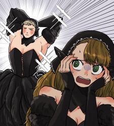 Rule 34 | 1boy, 1girl, arms behind head, arms up, bags under eyes, bare shoulders, black corset, black dress, black hood, blonde hair, breasts, cleavage, closed eyes, commentary request, corset, crossdressing, detached hood, detached sleeves, dress, dungeon meshi, ear covers, elf, emphasis lines, fur-trimmed sleeves, fur trim, green eyes, hands on own cheeks, hands on own face, highres, horrified, janbanclear, jojo pose, korean commentary, laios touden, long hair, looking to the side, marcille donato, marcille donato (lord), muscular, muscular male, official alternate costume, pectoral cleavage, pectorals, pointy ears, sparkle, spoilers, sweatdrop