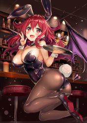 Rule 34 | 1girl, akabane (zebrasmise), animal ears, ass, bar (place), bat wings, black bow, black bowtie, black leotard, blush, bow, bowtie, breasts, brown pantyhose, commentary request, cup, demon girl, demon tail, demon wings, detached collar, drinking glass, fake animal ears, fang, full body, guzuko, hair between eyes, hair flaps, high heels, highres, indoors, jumping, leotard, long hair, looking at viewer, lostorage wixoss, medium breasts, open mouth, pantyhose, playboy bunny, rabbit ears, rabbit tail, red eyes, red hair, shiny clothes, shiny skin, smile, solo, stool, strapless, strapless leotard, tail, tray, twisted torso, v, wine glass, wings, wixoss, wrist cuffs