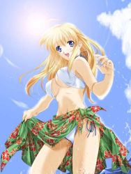 Rule 34 | 1girl, bikini, blonde hair, blue eyes, jpeg artifacts, long hair, non-web source, sakuragi hiroyuki, sarong, solo, splashing, swimsuit, water