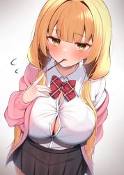 Rule 34 | 1girl, absurdres, black skirt, blonde hair, blunt bangs, blush, bow, bowtie, bra, breasts, cardigan, cleavage, collared shirt, commentary request, cowboy shot, dot nose, fingernails, food, food in mouth, hairband, hand up, highres, holding, holding food, holding pocky, jacket, large breasts, long sleeves, looking at viewer, looking up, low twintails, nail polish, off shoulder, original, parted lips, pink jacket, pink nails, plaid, plaid bow, plaid bowtie, pleated skirt, pocky, pocky day, red bow, red bowtie, school uniform, see-through, see-through shirt, shirt, simple background, skirt, solo, standing, suzutarou gunsou, sweat, tight clothes, tight shirt, twintails, underwear, white background, white shirt, yellow eyes