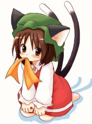 Rule 34 | 1girl, animal ears, bad id, bad pixiv id, barefoot, blush, brown eyes, cat ears, cat girl, cat tail, chen, eijima moko, female focus, full body, hat, highres, kneeling, mouth hold, multiple tails, short hair, solo, tail, touhou, white background