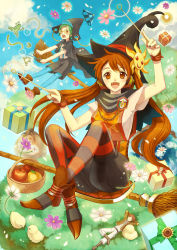 Rule 34 | 1boy, 2girls, apple, arm up, basket, bird, broom, broom riding, brown eyes, brown hair, cape, chick, fangs, flower, food, frog, fruit, glasses, green hair, hat, highres, holding, long hair, lying, multiple girls, on back, open mouth, orange (fruit), original, pantyhose, short hair, snake, striped clothes, striped legwear, striped pantyhose, suspenders, takahashi ryuunosuke, twintails, wand, witch, witch hat