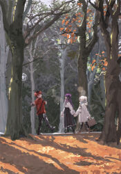 Rule 34 | 1boy, 2girls, ailisimeiyoumeng, black dress, black footwear, black pants, black pantyhose, blue scarf, boots, briefcase, brown footwear, commentary, cropped jacket, dress, elf, fern (sousou no frieren), forest, frieren, from side, fur-trimmed sleeves, fur trim, highres, holding, holding briefcase, holding hands, jacket, long hair, long sleeves, multiple girls, nature, outstretched arms, pants, pantyhose, pointy ears, profile, purple hair, red eyes, red hair, scarf, scenery, sousou no frieren, stark (sousou no frieren), tree, twintails, walking backwards, white hair, white jacket