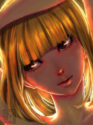 Rule 34 | 10s, 1girl, arm up, artist name, backlighting, bare shoulders, blonde hair, blunt bangs, brown eyes, close-up, collarbone, dated, eyelashes, highres, lips, looking to the side, mark cosmiano, midorikawa hana, nose, parted lips, pink lips, portrait, prison school, ringed eyes, smile, solo