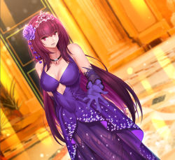 Rule 34 | 1girl, absurdres, ballroom, bare shoulders, blush, breasts, choker, cleavage, covered navel, dress, elbow gloves, fate/grand order, fate (series), flower, gloves, hair between eyes, hair flower, hair intakes, hair ornament, heroic spirit formal dress, highres, jewelry, large breasts, long hair, looking at viewer, open mouth, pendant, purple dress, purple gloves, purple hair, red eyes, scathach (fate), scathach (formal dress) (fate), shijie jianfa, smile, solo, tiara