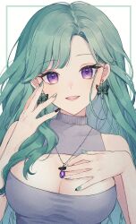 Rule 34 | 1girl, absurdres, border, breasts, butterfly earrings, cleavage, earrings, gem, green hair, green nails, grey sweater, hand on own chest, highres, hozumi toki, jewelry, large breasts, looking at viewer, necklace, parted bangs, parted lips, pendant, purple eyes, purple gemstone, smile, solo, sweater, swept bangs, turtleneck, turtleneck sweater, upper body, virtual youtuber, vspo!, yakumo beni