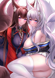 Rule 34 | 2girls, all fours, amagi (azur lane), animal ear fluff, animal ears, arm support, ass, azur lane, bare shoulders, blue eyes, blue kimono, blunt bangs, blush, bodystocking, breasts, brown hair, brown tail, cleavage, closed mouth, coat, commentary request, eyeshadow, fox ears, fox girl, fox tail, hair ornament, highres, japanese clothes, kimono, large breasts, long hair, looking at viewer, makeup, multiple girls, multiple tails, off shoulder, open clothes, open coat, paid reward available, purple eyes, purple kimono, red coat, red eyeshadow, sakuramon, shinano (azur lane), sidelocks, simple background, sitting, skindentation, skirt, skirt under kimono, smile, tail, thick eyebrows, thighhighs, very long hair, white background, white legwear, white skirt, white tail, wide sleeves, yokozuwari, yukinimaru