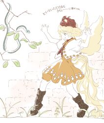 Rule 34 | 1girl, bird wings, blonde hair, boots, branch, brick wall, brown footwear, commentary request, dress, feathered wings, full body, highres, kajatony, neckerchief, niwatari kutaka, orange dress, puffy sleeves, red hair, red neckerchief, scared, shirt, snake, solo, sweatdrop, touhou, translation request, white shirt, wings, yellow eyes, yellow tail, yellow wings