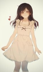 Rule 34 | 0 ebj, 1girl, aged down, arms at sides, bare arms, black hair, child, closed mouth, collarbone, commentary, dress, feet out of frame, final fantasy, final fantasy vii, final fantasy vii remake, frilled sleeves, frills, gradient background, heart, highres, long hair, looking at viewer, red eyes, shirt, short dress, sidelocks, smile, solo, spaghetti strap, symbol-only commentary, tifa lockhart, white dress, white shirt