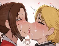 Rule 34 | 3girls, afrobull, aftersex, bisexual female, blonde hair, blush, brown eyes, brown hair, chibi, closed eyes, cum, cum in mouth, cum on tongue, cum swap, facial, fatal fury, french kiss, from side, half-closed eyes, headband, heart, king (snk), kiss, long hair, looking at another, multiple girls, naughty face, nude, parted bangs, profile, saliva, shiranui mai, short hair, snk, sweat, the king of fighters, tongue, tongue out, upper body, yuri, yuri sakazaki