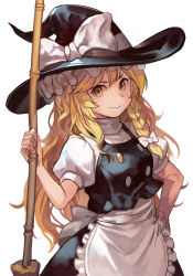 Rule 34 | 1girl, :&gt;, apron, black dress, blonde hair, blouse, bow, braid, broom, closed mouth, cowboy shot, dress, frilled hat, frills, hair bow, hair ornament, hand on own hip, hat, hat bow, hat ribbon, holding, holding broom, hungry clicker, kirisame marisa, long hair, looking at viewer, puffy short sleeves, puffy sleeves, ribbon, shirt, short sleeves, sidelocks, simple background, single braid, solo, swept bangs, touhou, turtleneck, v-shaped eyebrows, very long hair, waist apron, wavy hair, white apron, white background, white bow, white ribbon, white shirt, witch, witch hat, yellow eyes