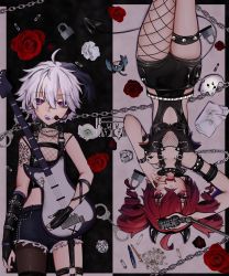 Rule 34 | 2girls, :3, :d, ahoge, arm up, asymmetrical gloves, asymmetrical legwear, belt, wrist belt, black hair, blush, bracelet, chain, chain necklace, crumpled paper, cuffs, drill hair, fangs, fingerless gloves, fishnet top, fishnets, flower, flower (vocaloid), flower (vocaloid4), garter straps, gloves, goth fashion, gothic, guitar, handcuffs, headphones, headset, highres, holding, holding instrument, holding microphone, ianxy2, instrument, jewelry, kasane teto, latex, lock, microphone, microphone stand, mouth hold, multicolored hair, multiple girls, nail polish, necklace, o-ring, open mouth, padlock, pantyhose, pen, pencil, plectrum, plectrum in mouth, punkish gothic, purple eyes, red eyes, red hair, rose, safety pin, short hair, single fishnet legwear, single leg pantyhose, single thighhigh, smile, spiked thighlet, thigh strap, thighhighs, twin drills, two-tone hair, upside-down, utau, vocaloid, waist cutout, white hair