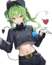 Rule 34 | 1girl, absurdres, armband, belt, belt buckle, black belt, black shirt, black shorts, blue archive, blue armband, buckle, cropped shirt, demon girl, demon tail, gloves, green hair, hands up, hat, heart, highlander twintails conductor (blue archive), highres, long hair, looking at viewer, midriff, navel, peaked cap, pointy ears, shirt, shorts, simple background, smug, solo, stomach, sugar (dndi888), tail, twintails, upper body, white background, white gloves, yellow eyes