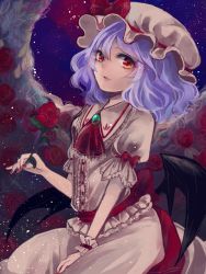 Rule 34 | 1girl, ascot, bad id, bad pixiv id, bat wings, brooch, fingernails, flower, hand on lap, hat, hat ribbon, jewelry, light particles, light purple hair, looking at viewer, mizuoka magu, mob cap, nail polish, night, night sky, parted lips, puffy short sleeves, puffy sleeves, red eyes, red flower, red rose, remilia scarlet, ribbon, rose, short hair, short sleeves, skirt, skirt set, sky, solo, touhou, wings, wrist cuffs