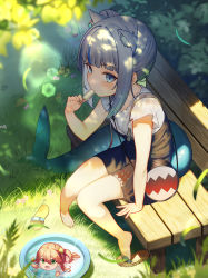 Rule 34 | 2girls, animal ear fluff, animal ears, banned artist, bare arms, bare legs, barefoot, black overalls, blouse, blue eyes, blue hair, blunt bangs, blush, cat ears, day, eating, extra ears, food, food in mouth, from above, full body, gawr gura, gawr gura (casual), grass, grey hair, highres, holding, holding food, hololive, hololive english, leaf, looking at viewer, mini person, minigirl, multicolored hair, multiple girls, on bench, outdoors, overalls, popsicle, sakura miko, sandals, shirt, short sleeves, side ponytail, sidelocks, sideways glance, single sandal, sitting, streaked hair, virtual youtuber, white shirt, yiku (sim7368)