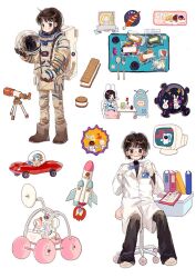 Rule 34 | 5girls, :o, astronaut, backpack, badge, bag, black pants, black shirt, blue hair, blue shirt, blush stickers, book, boots, brown-framed eyewear, brown eyes, brown footwear, brown hair, car, chair, clenched teeth, clipboard, coat, collared coat, driving, food, full body, glasses, gloves, helmet, holding, holding helmet, ice cream, ice cream sandwich, kneeling, lab coat, land rover, layered sleeves, long sleeves, loose hair strand, motor vehicle, multiple girls, name tag, no shoes, office chair, open mouth, orange headphones, original, pants, parted lips, pink pants, putong xiao gou, robot, rocket, round eyewear, scientist, shirt, shoes, sitting, smile, socks, spacesuit, striped clothes, striped shirt, sweat, swivel chair, teeth, telescope, two-tone shirt, unworn headwear, wavy mouth, white background, white bag, white coat, white footwear, white gloves, white headwear, white shirt, white socks