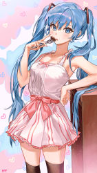 Rule 34 | 1girl, absurdres, bare arms, black thighhighs, blue eyes, blue hair, collarbone, commentary request, cowboy shot, dress, fork, hand up, hatsune miku, heart, highres, holding, holding fork, hy (hem oo), korean commentary, light blush, long hair, looking at viewer, parted lips, pink dress, sleeveless, sleeveless dress, solo, thighhighs, twintails, vocaloid