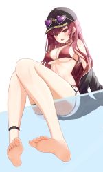 Rule 34 | 1girl, absurdres, ankle strap, bikini, black hat, black jacket, blush, breasts, cleavage, dolphin shorts, earrings, eyewear on headwear, fang, feet, from below, full body, hair down, hat, heart, heart-shaped eyewear, heart earrings, heterochromia, highres, hololive, houshou marine, houshou marine (summer), jacket, jewelry, large breasts, looking down, off shoulder, official alternate costume, okey, open mouth, plaid, red eyes, red hair, shorts, simple background, sitting, solo, straight hair, swimsuit, virtual youtuber, white background, yellow eyes