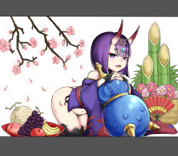 Rule 34 | 1girl, absurdres, ass, banana, bare shoulders, branch, cherry blossoms, hand fan, fang, fate/grand order, fate (series), food, fruit, grapes, highres, horns, jibako, kadomatsu, kneeling, looking at viewer, new year, purple eyes, purple hair, short hair, shuten douji (fate), simple background, solo, thighs
