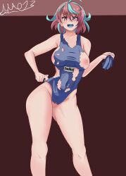 Rule 34 | 1girl, absurdres, arthropod girl, artist name, blue hair, blue one-piece swimsuit, blue tongue, blush, breasts, brown background, brown eyes, brown hair, character name, cleft of venus, collarbone, colored tongue, dot nose, embarrassed, emikukis (vtuber), eyebrows, eyelashes, feet out of frame, female focus, hand up, highres, indie virtual youtuber, insect girl, large breasts, light blue hair, looking down, mao13, medium hair, multicolored hair, nervous, nipples, one-piece swimsuit, open mouth, pussy, simple background, solo, spider girl, standing, swimsuit, tongue, torn clothes, torn swimsuit, two-tone hair, virtual youtuber, wavy mouth