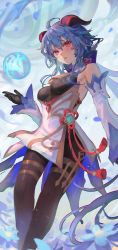Rule 34 | 1girl, absurdres, ahoge, armpit crease, black gloves, black pantyhose, blue background, blue flower, blue hair, breasts, dot nose, dress, feet out of frame, floating, flower, ganyu (genshin impact), genshin impact, gloves, gold trim, hair between eyes, highres, horns, kinoruru toiro, light particles, looking at viewer, orb, pantyhose, parted lips, pink eyes, red horns, small breasts, solo, tassel, white dress