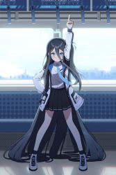 Rule 34 | 1girl, absurdly long hair, absurdres, aris (blue archive), arm up, black hair, black skirt, blue archive, blue eyes, blue necktie, blush, closed mouth, collared shirt, commentary, english commentary, full body, hair between eyes, highres, index finger raised, jacket, long hair, long sleeves, looking at viewer, necktie, open clothes, open jacket, pleated skirt, pointing, pointing up, puffy long sleeves, puffy sleeves, school uniform, shirt, shoes, sizque, skirt, smile, solo, standing, train interior, very long hair, white footwear, white jacket, white shirt