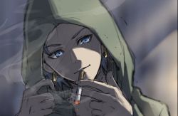 Rule 34 | 1boy, bad id, bad twitter id, blue eyes, blue hair, blurry, blurry background, camus (dq11), cigarette, closed mouth, dragon quest, dragon quest xi, earrings, green hood, hands up, holding, hood, hood up, jewelry, looking at viewer, male focus, mondi hl, portrait, short hair, smile, smoke, smoking, solo