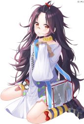 Rule 34 | 1girl, aged down, artist name, bag, bandaid, bandaid on face, bandaid on nose, black hair, blush, boots, c-ms (girls&#039; frontline), cbj-ms, collarbone, fish, food, food on face, girls&#039; frontline, gun, highres, long hair, long sleeves, messy hair, mole, mole under eye, see-through, shirt, simple background, sitting, solo, submachine gun, user jxrm5387, weapon, white background, yellow eyes