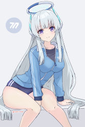 Rule 34 | absurdres, bed, blue archive, buruma, collarbone, commentary request, grey background, grey hair, gym uniform, halo, headphones, highres, jacket, noa (blue archive), purple eyes, rasen manga, simple background, sitting, smile, track jacket, twitter username, white hair