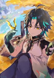 Rule 34 | 2boys, ahoge, aqua hair, azna, bead necklace, beads, black hair, bug, butterfly, butterfly on hand, closed mouth, day, facial mark, forehead mark, genshin impact, gloves, highres, holding, holding plate, insect, jewelry, male focus, multicolored hair, multiple boys, necklace, outdoors, plate, sitting, sweat, tassel, tree, twitter username, xiao (genshin impact), yellow eyes