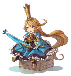 Rule 34 | 10s, 1girl, :d, absurdly long hair, armor, armored boots, blonde hair, blue eyes, boots, bug, butterfly, charlotta (granblue fantasy), crown, dress, full body, gauntlets, granblue fantasy, holding, holding sword, holding weapon, bug, long hair, open mouth, pointy ears, sitting, smile, solo, srx61800, sword, very long hair, weapon, white background, wooden box