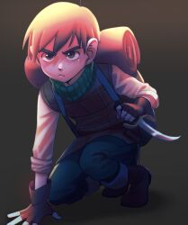 Rule 34 | 1boy, absurdres, backpack, bag, brown footwear, brown hair, chilchuck tims, closed mouth, commentary, dagger, dungeon meshi, english commentary, fingerless gloves, full body, gloves, halfling, highres, holding, ivlice, kneeling, knife, male focus, short hair, solo, weapon