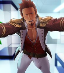 Rule 34 | 1boy, bedroom, belt, blouse, blue eyes, breath, brown hair, bulge, epaulettes, erection, erection under clothes, facial hair, fate/grand order, fate (series), goatee, itto (mentaiko), jacket, kabedon, long sideburns, looking at viewer, male focus, military, military uniform, napoleon bonaparte (fate), open clothes, open jacket, open mouth, open shirt, pants, pectorals, pov, scar, shirt, sideburns, solo, tight clothes, tight pants, uniform, white pants