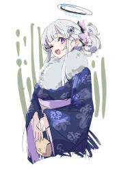 Rule 34 | 1girl, absurdres, bag, blue archive, cropped legs, flower, fur collar, hair flower, hair ornament, hairclip, halo, highres, holding, holding bag, japanese clothes, kimono, long sleeves, looking at viewer, noa (blue archive), ocha (popopogg), one eye closed, open mouth, purple eyes, purple kimono, simple background, solo, teeth, upper teeth only, white background, wide sleeves