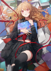 Rule 34 | 1girl, black shirt, black skirt, black thighhighs, blush, book, hugging book, brown hair, highres, holding, holding book, hugging object, knee up, long hair, long sleeves, looking at viewer, lying, midriff peek, modare, on back, original, parted lips, pleated skirt, red eyes, red ribbon, ribbon, school uniform, serafuku, shirt, skirt, solo, thighhighs, thighs
