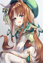 Rule 34 | 1girl, 40 (0f0urw), absurdres, animal ears, beret, blue eyes, blush, brown hair, commentary, ear covers, gloves, grass wonder (saint jade healer) (umamusume), grass wonder (umamusume), grey background, hair ornament, hat, highres, horse ears, horse girl, horse tail, long hair, looking at viewer, official alternate costume, open mouth, simple background, solo, tail, thighhighs, umamusume, white background, white thighhighs