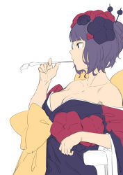 Rule 34 | 1girl, black eyes, breasts, calligraphy brush, cleavage, closed mouth, dyun, fate/grand order, fate (series), from side, hair bun, hair ornament, hair stick, hand up, highres, holding, holding brush, japanese clothes, katsushika hokusai (fate), kimono, large breasts, long sleeves, off shoulder, paintbrush, profile, purple hair, purple kimono, sash, short hair, simple background, single hair bun, solo, white background, wide sleeves