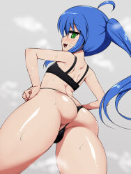 Rule 34 | 1girl, :3, ahoge, ass, blue hair, c-low, commentary request, flat chest, from below, green eyes, hands on own hips, highres, izumi konata, lucky star, mole, mole under eye, partial commentary, ponytail, simple background, solo, sweat, thighs, thong
