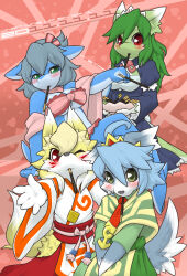 Rule 34 | 4girls, :3, ahoge, animal ears, animal nose, arm up, bare shoulders, between legs, bikini, blonde hair, blue dress, blue fur, blue hair, blue skin, blush, body fur, bowl, breasts, capelet, cleavage, cleavage cutout, closed mouth, clothing cutout, collared dress, colored skin, dated, dragon girl, dress, eating, english text, engrish text, facial mark, female focus, flat chest, food, fox ears, fox girl, fox tail, frilled bikini, frilled dress, frilled sleeves, frills, furry, furry female, gem, green dress, green eyes, green fur, green hair, hair between eyes, hair ribbon, hakama, half-closed eyes, hand between legs, hands up, heart, heart background, highres, hip vent, holding, holding bowl, japanese clothes, juliet sleeves, kame (3t), kimono, knee up, leaning back, long dress, long hair, long sleeves, looking at viewer, maid, maid headdress, medium breasts, mouth hold, multicolored skin, multiple girls, neck ribbon, necktie, obi, one eye closed, orange trim, original, outstretched arm, outstretched arms, own hands together, pocky, pocky day, puffy sleeves, raised eyebrow, ranguage, red background, red bikini, red eyes, red gemstone, red hakama, red necktie, red ribbon, ribbon, sash, short hair, short kimono, sidelocks, sitting, slit pupils, snout, spread arms, standing, swimsuit, tabard, tail, tiara, two-tone fur, two-tone skin, underboob, upper body, v arms, whisker markings, white fur, white kimono, wide sleeves, wink, wolf ears, wolf girl, wolf tail, yellow fur, yellow headwear, yhun-chan (kame (3t))