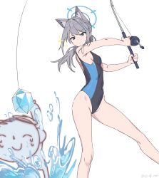 Rule 34 | 1boy, 1girl, ^ ^, aji aji nori, animal ears, doodle sensei (blue archive), blue archive, blue eyes, breasts, closed eyes, competition swimsuit, cross hair ornament, fishing rod, grey hair, hair ornament, halo, highres, holding, holding fishing rod, long hair, mismatched pupils, one-piece swimsuit, ponytail, pyroxene (blue archive), sensei (blue archive), shiroko (blue archive), shiroko (swimsuit) (blue archive), simple background, small breasts, smile, sparkle, swimsuit, twitter username, water, white background
