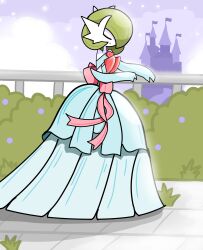 Rule 34 | 1girl, absurdres, aman (jaiden), back bow, bare shoulders, blue dress, blue gloves, bob cut, bow, bush, castle, closed eyes, closed mouth, clothed pokemon, cloud, creatures (company), dress, elbow gloves, eyeliner, female focus, flag, flat chest, flower, from side, full body, game freak, gardevoir, gen 3 pokemon, gloves, green hair, hair over one eye, happy, highres, long dress, mega gardevoir, mega pokemon, nintendo, one eye covered, pink bow, pink eyeliner, pink ribbon, pokemon, pokemon (creature), purple sky, railing, red flower, red rose, ribbon, rose, short hair, sideways mouth, sky, smile, solo, standing, strapless, strapless dress, u u