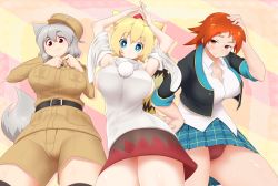 Rule 34 | 3girls, :3, adjusting clothes, animal ears, arms up, belt, blonde hair, blue eyes, blush, breasts, cleavage, commentary, cosplay, costume switch, cross, crossover, detached sleeves, eyebrows, fey (moe moe niji taisen ryaku), fey (moe moe niji taisen ryaku) (cosplay), frown, gj-bu, grey hair, hair flaps, hat, highres, inubashiri momiji, inubashiri momiji (cosplay), iron cross, kirara bernstein, kirara bernstein (cosplay), large breasts, military, miniskirt, moe moe niji taisen ryaku, multiple girls, orange eyes, orange hair, pointy hair, pom pom (clothes), raised eyebrow, red eyes, short hair, shorts, sideboob, skirt, smile, tail, thick eyebrows, thighs, tiger tail, tochinoko, tokin hat, touhou, unbuttoned, unbuttoned shirt, vest, wolf ears, wolf tail
