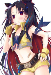 Rule 34 | 1girl, bandaid, bare shoulders, belt, belt buckle, black belt, black hair, black ribbon, blush, buckle, collarbone, commentary request, earrings, eyebrows hidden by hair, fate/grand order, fate (series), fingerless gloves, fingernails, gloves, hair ribbon, hands on own hips, highres, ishtar (fate), jewelry, ko yu, long hair, multicolored hair, nail polish, navel, open clothes, open vest, parted bangs, parted lips, pink nails, red eyes, red hair, ribbon, short shorts, shorts, simple background, solo, space ishtar (fate), space ishtar (second ascension) (fate), two-tone hair, very long hair, vest, white background, yellow gloves, yellow shorts, yellow vest