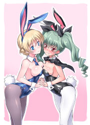 Rule 34 | 2girls, anchovy (girls und panzer), animal ear hairband, animal ears, ass, bare shoulders, black leotard, black thighhighs, blue bow, blue bowtie, blue leotard, blush, bow, bowtie, braid, breasts, breasts squeezed together, curvy, darjeeling (girls und panzer), detached collar, drill hair, fake animal ears, fake tail, girls und panzer, green hair, hairband, highleg, highleg leotard, leotard, long hair, looking at viewer, medium breasts, medium hair, multiple girls, nose blush, pantyhose, pink background, playboy bunny, quzken, rabbit ear hairband, rabbit ears, rabbit tail, red eyes, revealing clothes, shiny clothes, shiny skin, simple background, smile, strapless, strapless leotard, tail, thighhighs, thong leotard, twin drills, twintails, white background, wide hips, wrist cuffs